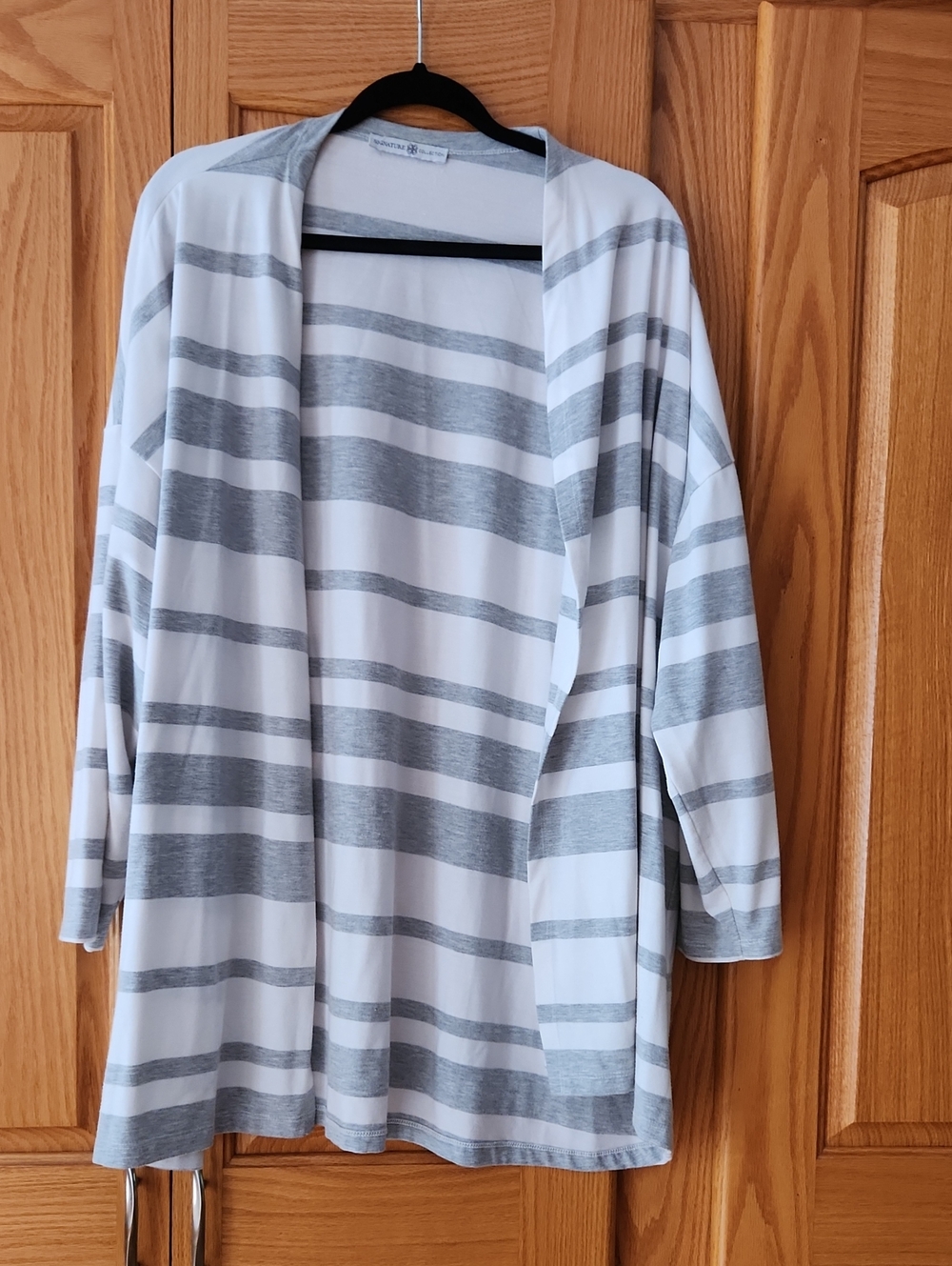 Open-Front Striped Cardigan in Light Gray & White